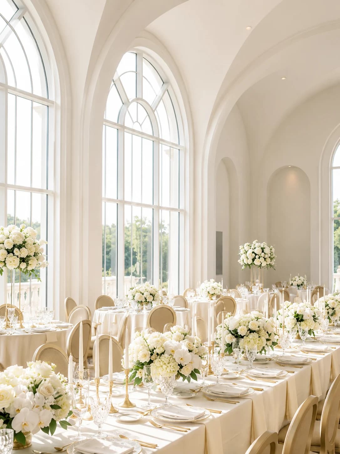 Bright Royal Malabar reception beneath elegant arched windows